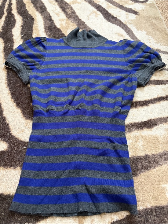 Express Tops - Express Blue and Gray Striped Short Sleeve Sweater Top